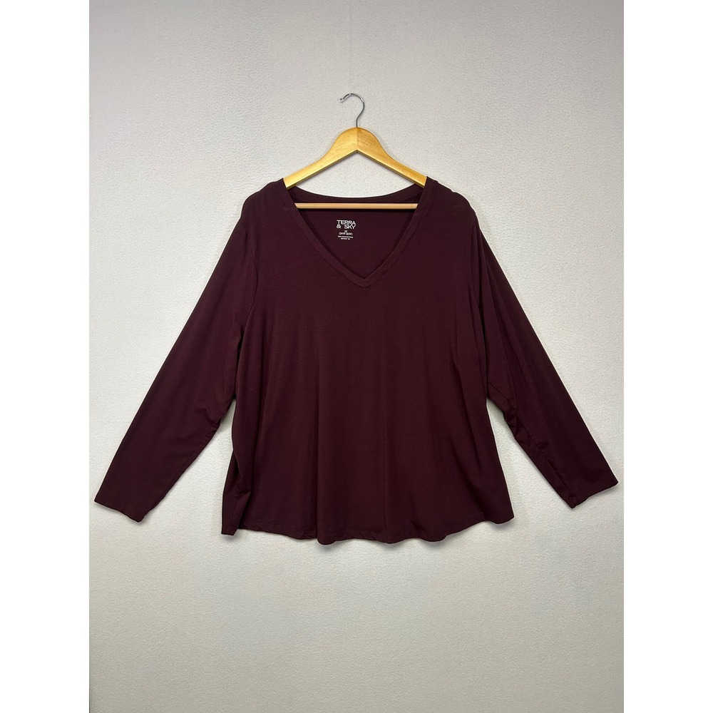Casual Basic Terra & Sky Womens 3X Burgundy V-Neck Long Sleeve Tee